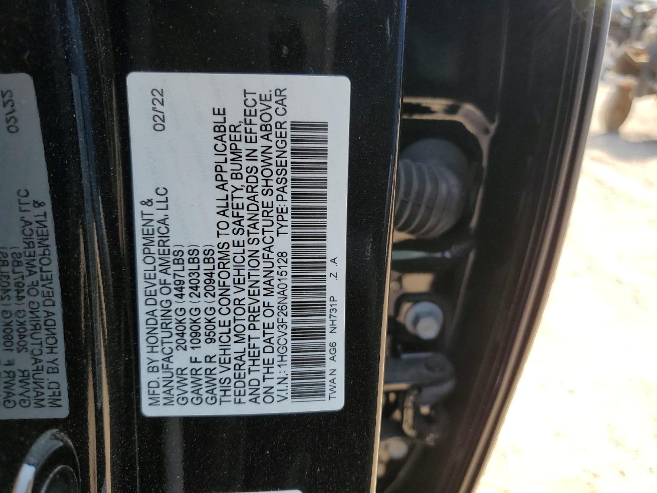 2022 HONDA ACCORD HYBRID SPORT VIN:1HGCV3F26NA015128