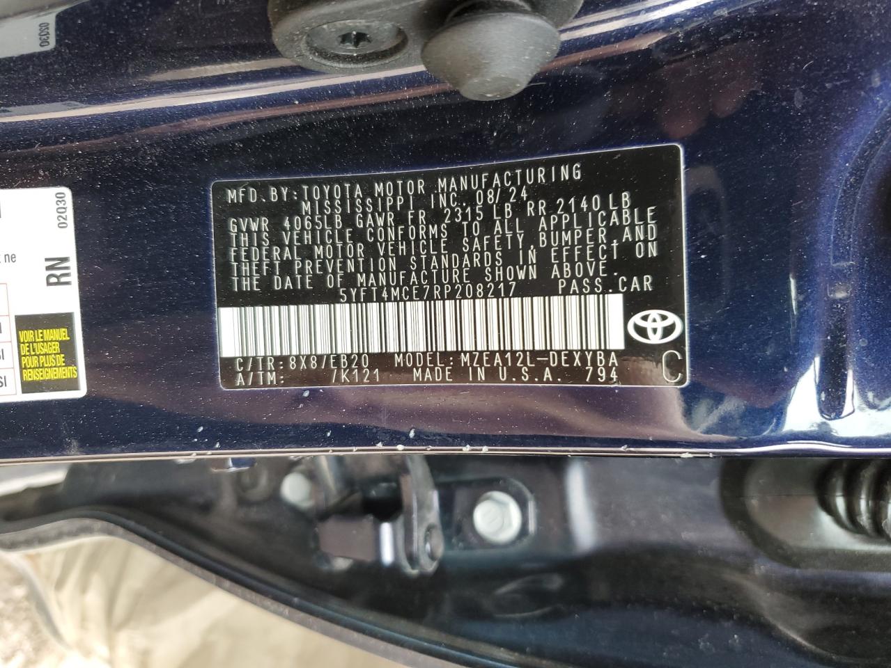 2024 TOYOTA COROLLA XSE VIN:5YFT4MCE7RP208217