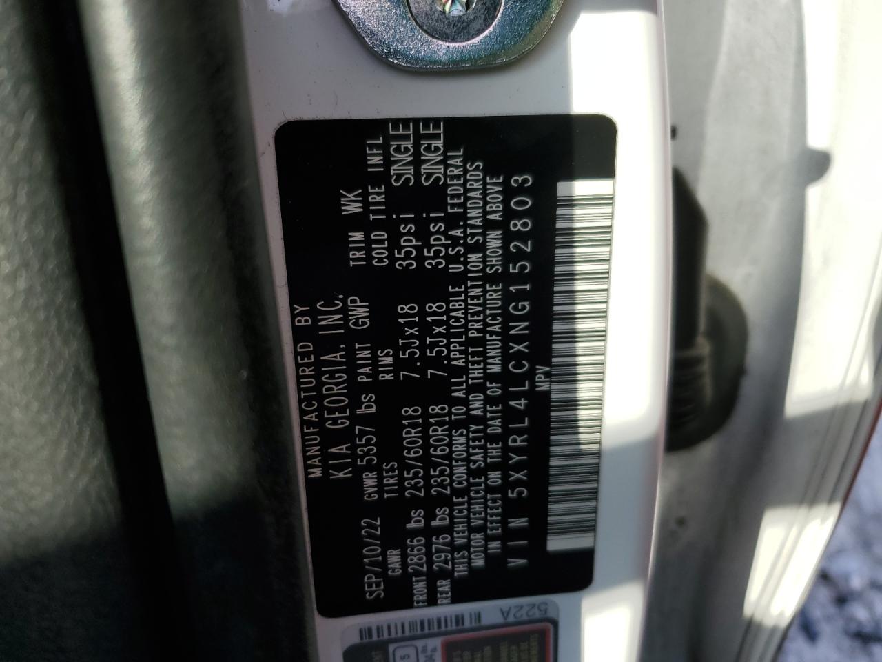 2022 KIA SORENTO S VIN:5XYRL4LCXNG152803