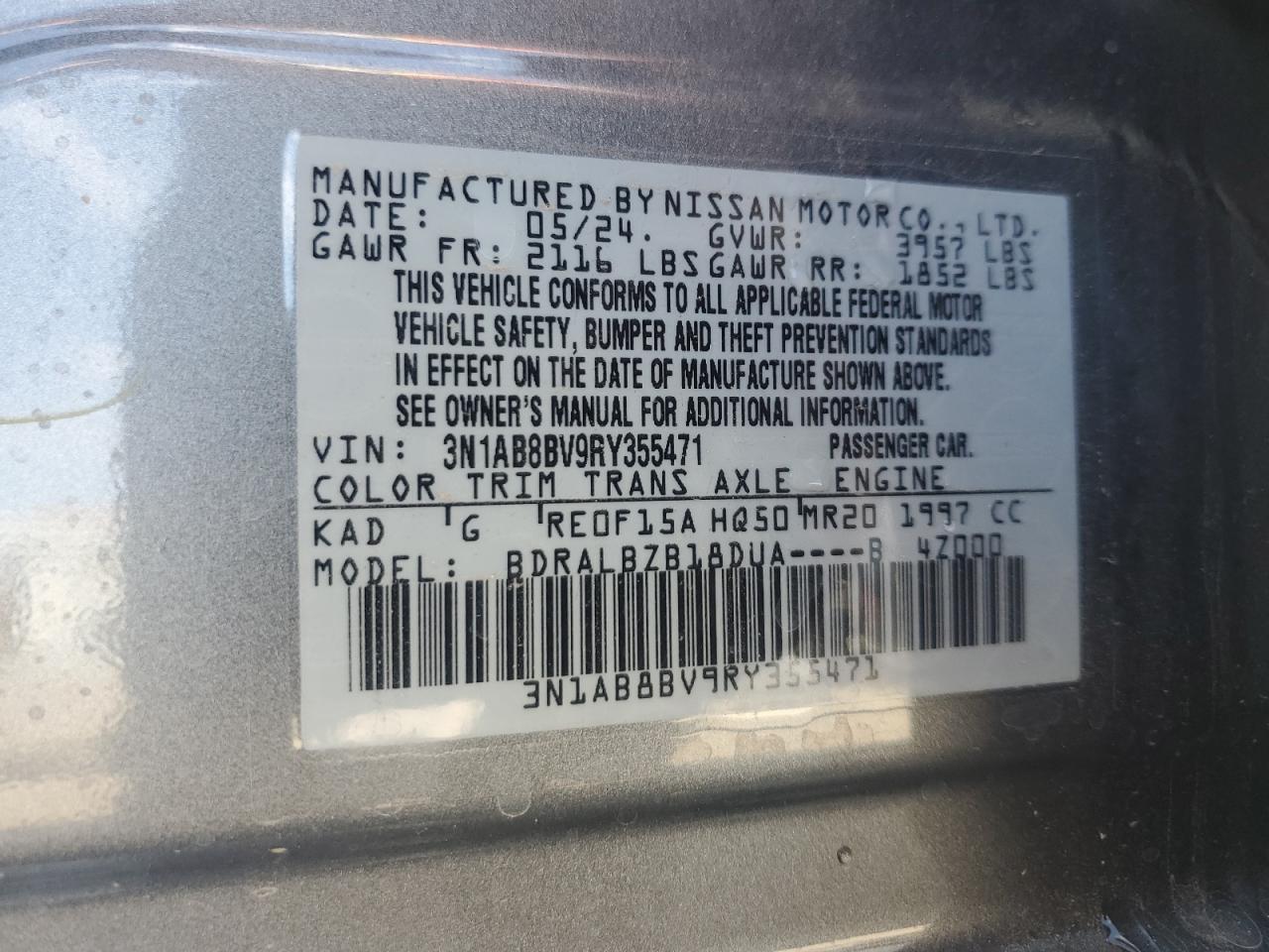 2024 NISSAN SENTRA S VIN:WP0AA2A8XNS255297