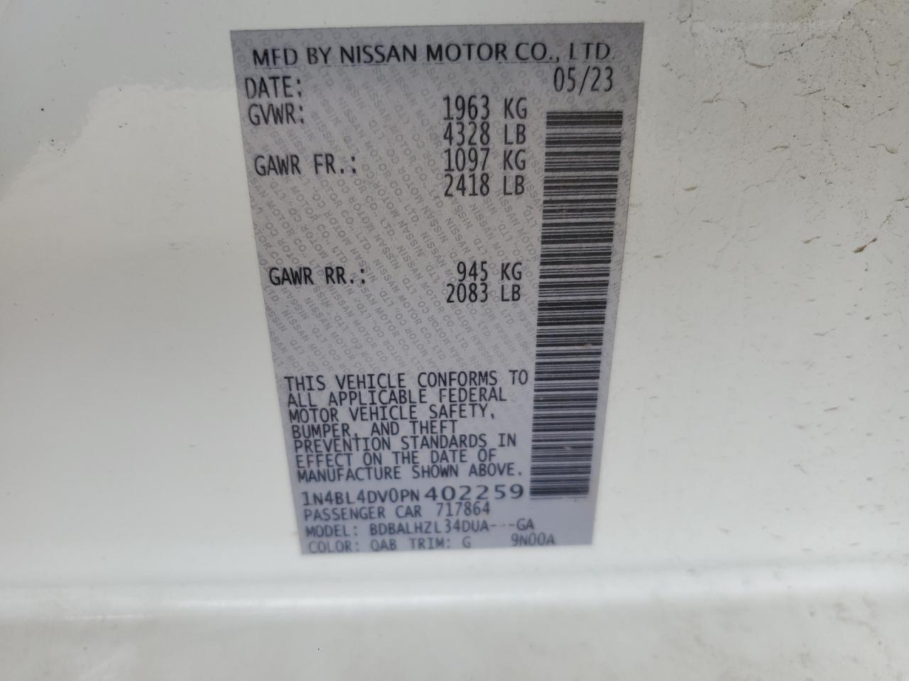 2023 NISSAN ALTIMA SV VIN:1N4BL4DV0PN402259