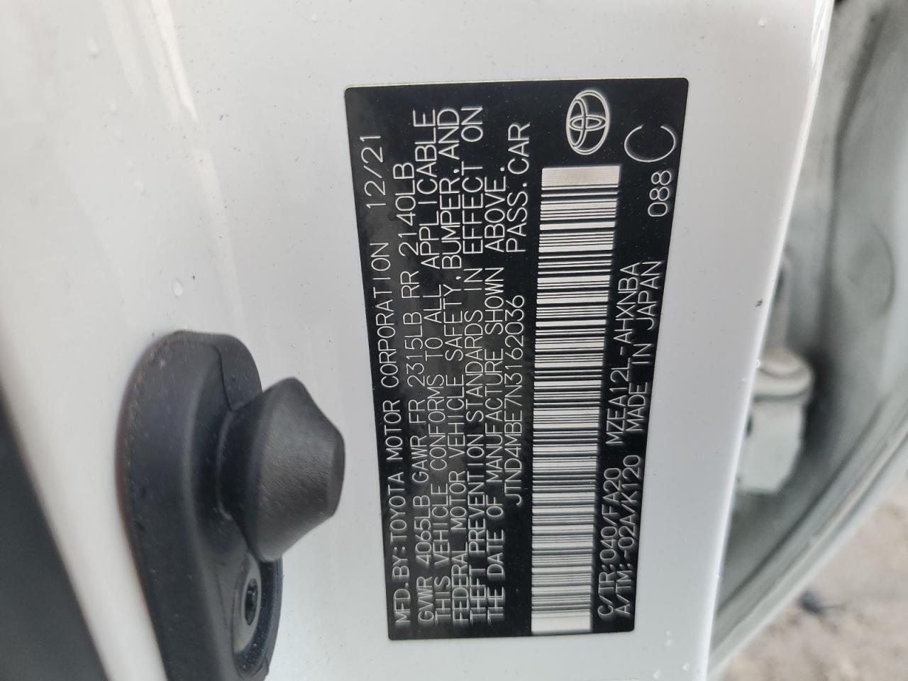 2022 TOYOTA COROLLA SE VIN:JTND4MBE7N3162036