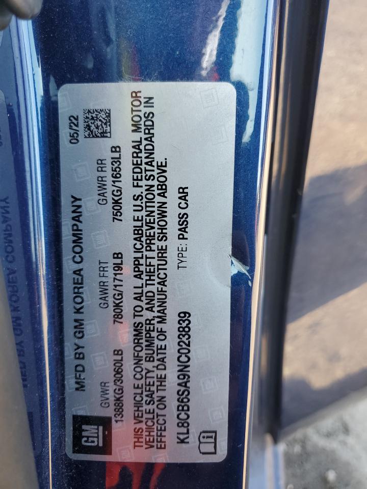 2022 CHEVROLET SPARK LS VIN:KL8CB6SA9NC023839