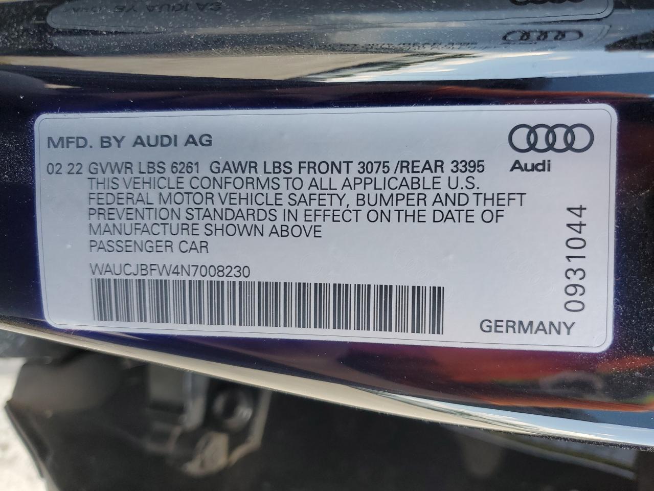 2022 AUDI E-TRON GT PREMIUM PLUS VIN:WAUCJBFW4N7008230