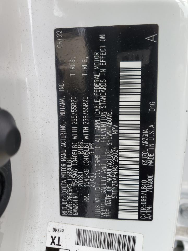 2022 TOYOTA HIGHLANDER LIMITED VIN:5TDYZRAH4NS125024
