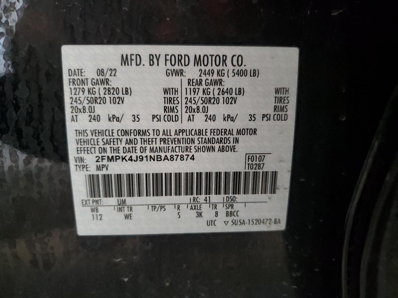 2022 FORD EDGE SEL VIN:2FMPK4J91NBA87874