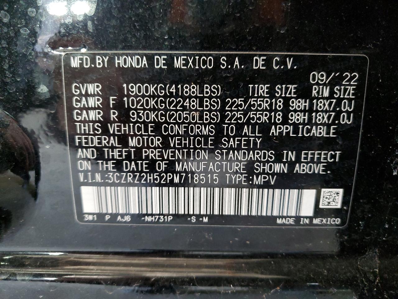 2023 HONDA HR-V SPORT VIN:3CZRZ2H52PM718515