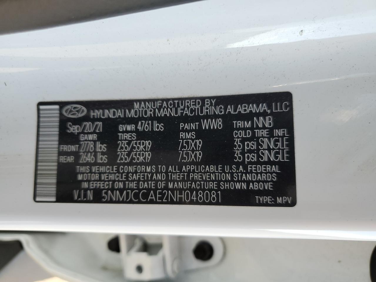 2022 HYUNDAI TUCSON SEL VIN:5NMJCCAE2NH048081