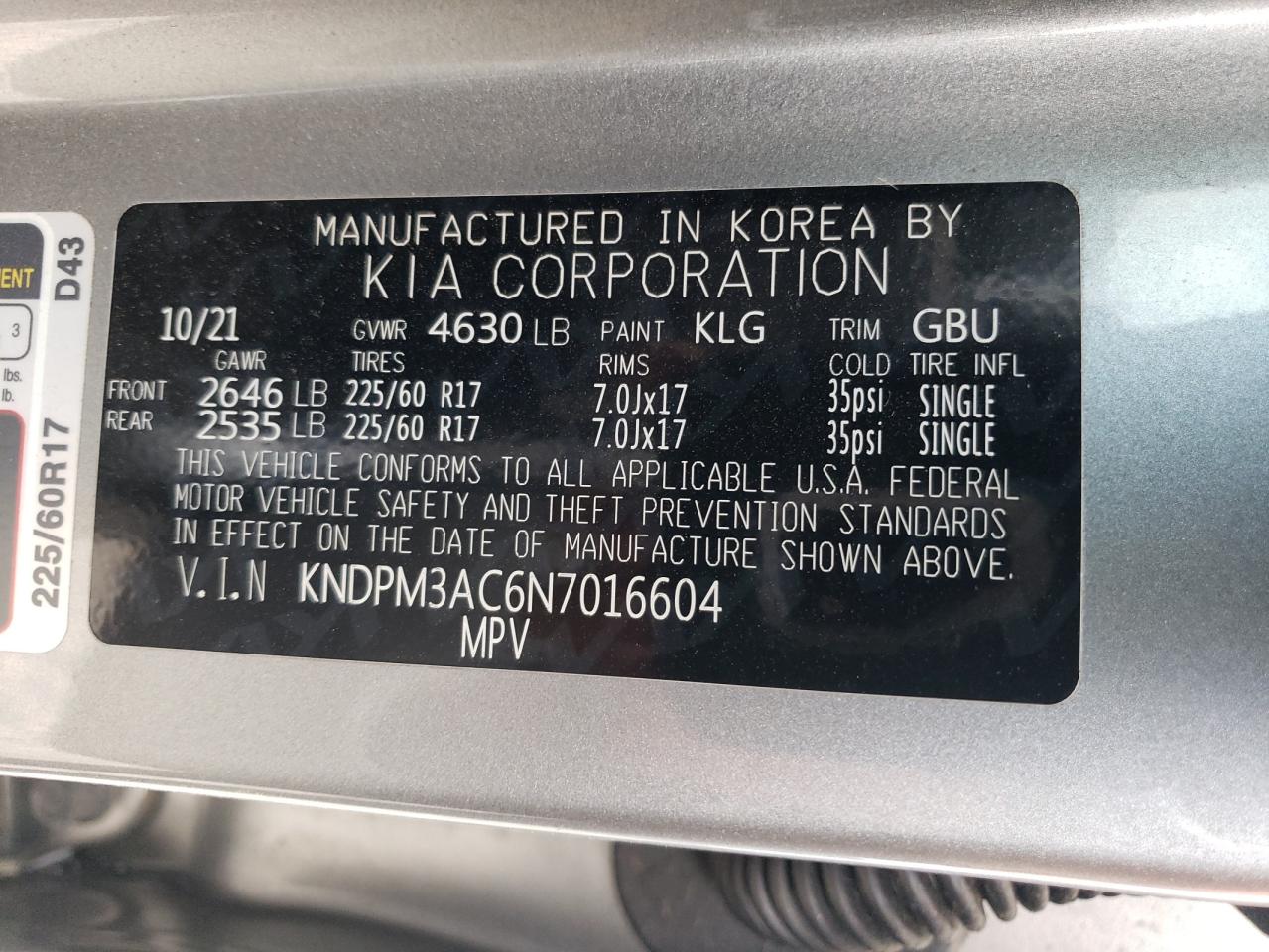 2022 KIA SPORTAGE LX VIN:KNDPM3AC6N7016604
