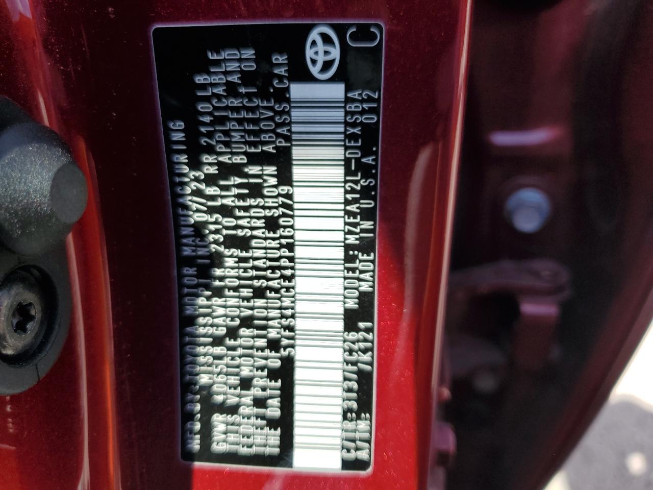 2023 TOYOTA COROLLA SE VIN:5YFS4MCE4PP160779