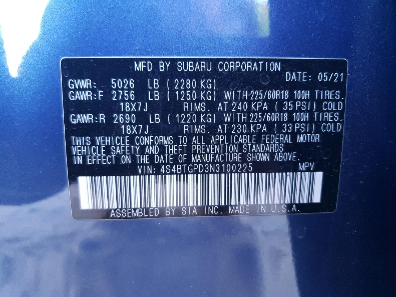 2022 SUBARU OUTBACK TOURING VIN:4S4BTGPD3N3100225