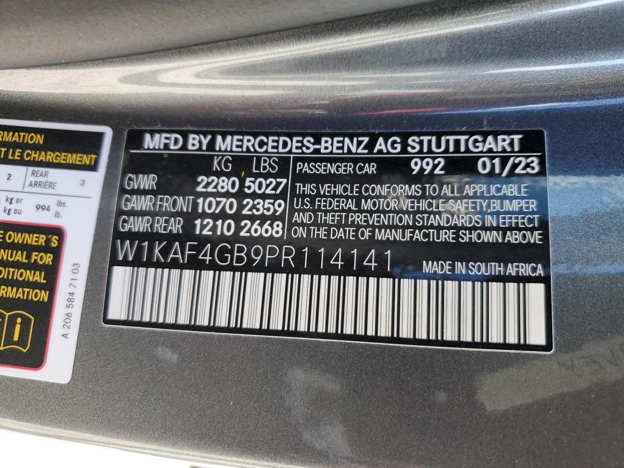 2023 MERCEDES-BENZ C 300 VIN:W1KAF4GB9PR114141