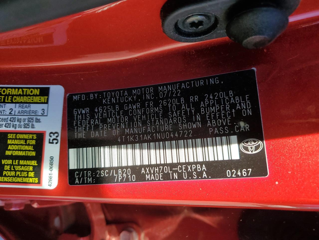 2022 TOYOTA CAMRY XSE VIN:4T1K31AK1NU044722