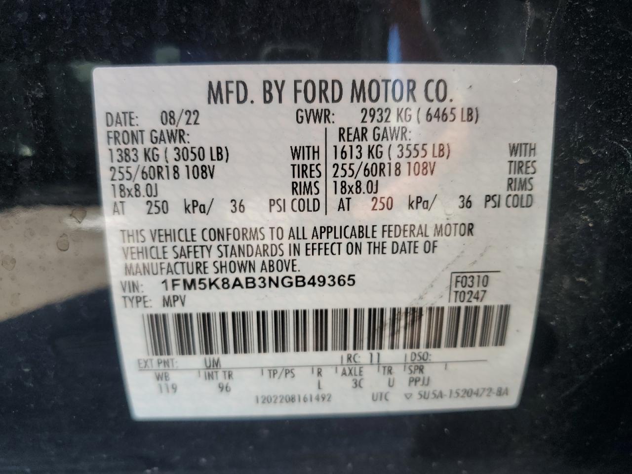 2022 FORD EXPLORER POLICE INTERCEPTOR VIN:1FM5K8AB3NGB49365