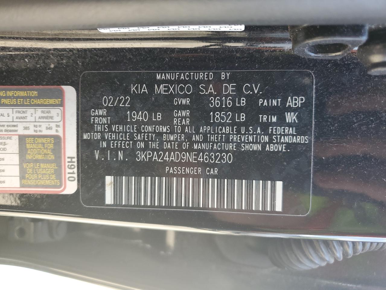2022 KIA RIO LX VIN:3KPA24AD9NE463230