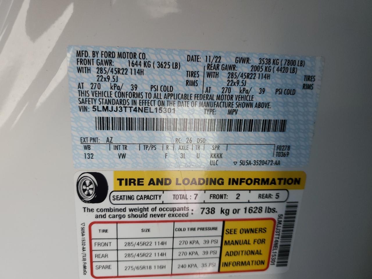 2022 LINCOLN NAVIGATOR L BLACK LABEL VIN:5LMJJ3TT4NEL15301