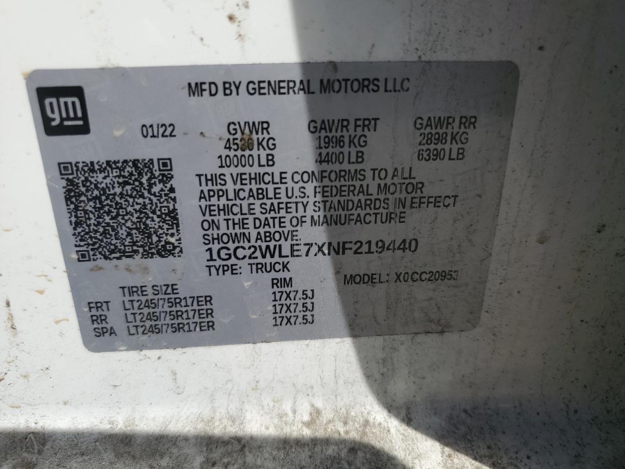 2022 CHEVROLET SILVERADO C2500 HEAVY DUTY VIN:1GC2WLE7XNF219440