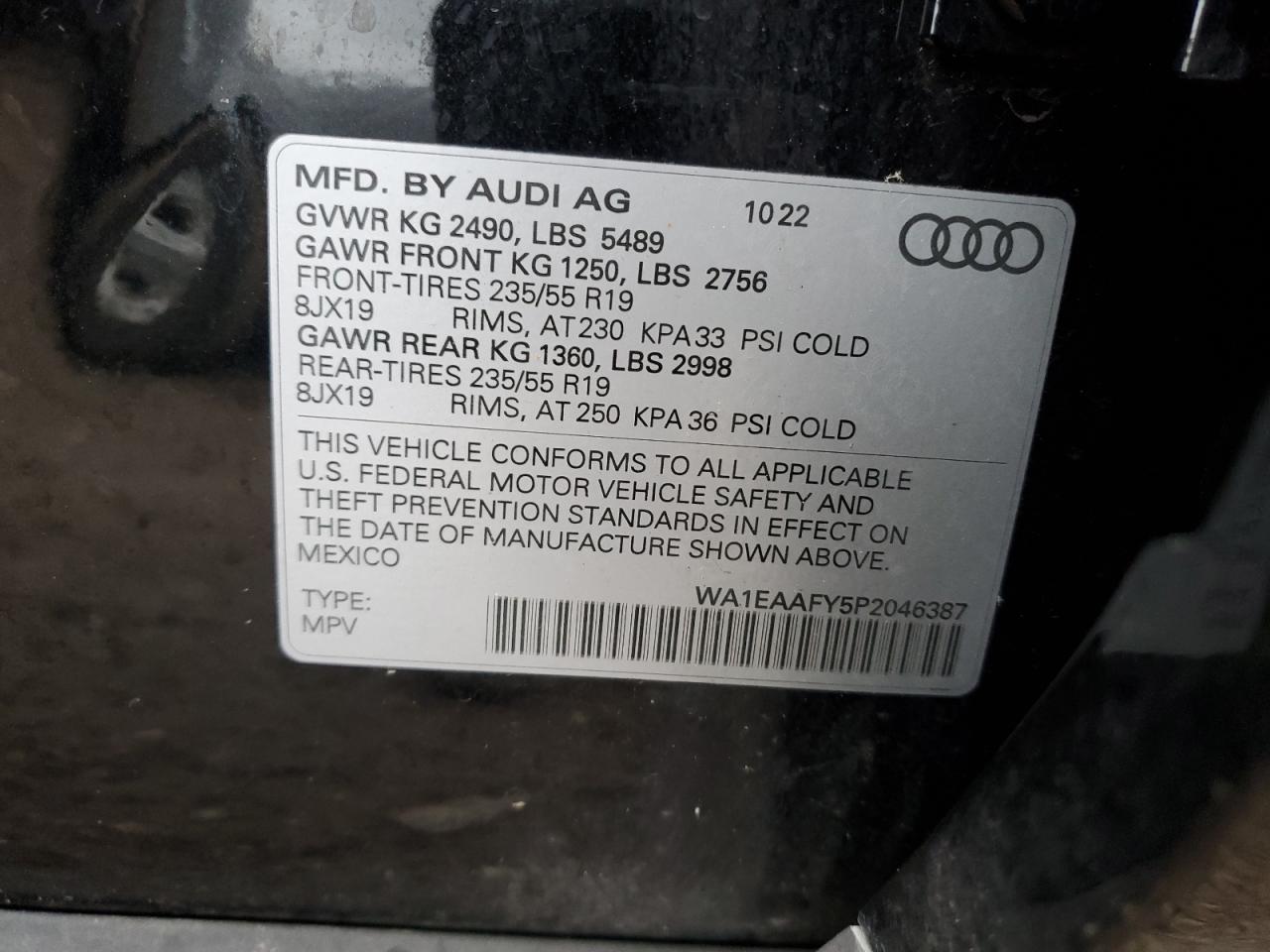 2023 AUDI Q5 PREMIUM PLUS 45 VIN:WA1EAAFY5P2046387