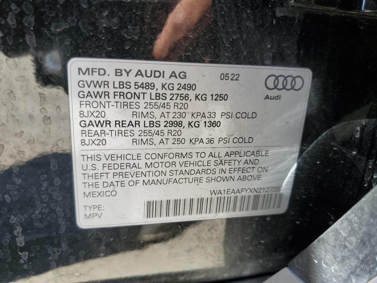 2022 AUDI Q5 PREMIUM PLUS 45 VIN:WA1EAAFYXN2127351