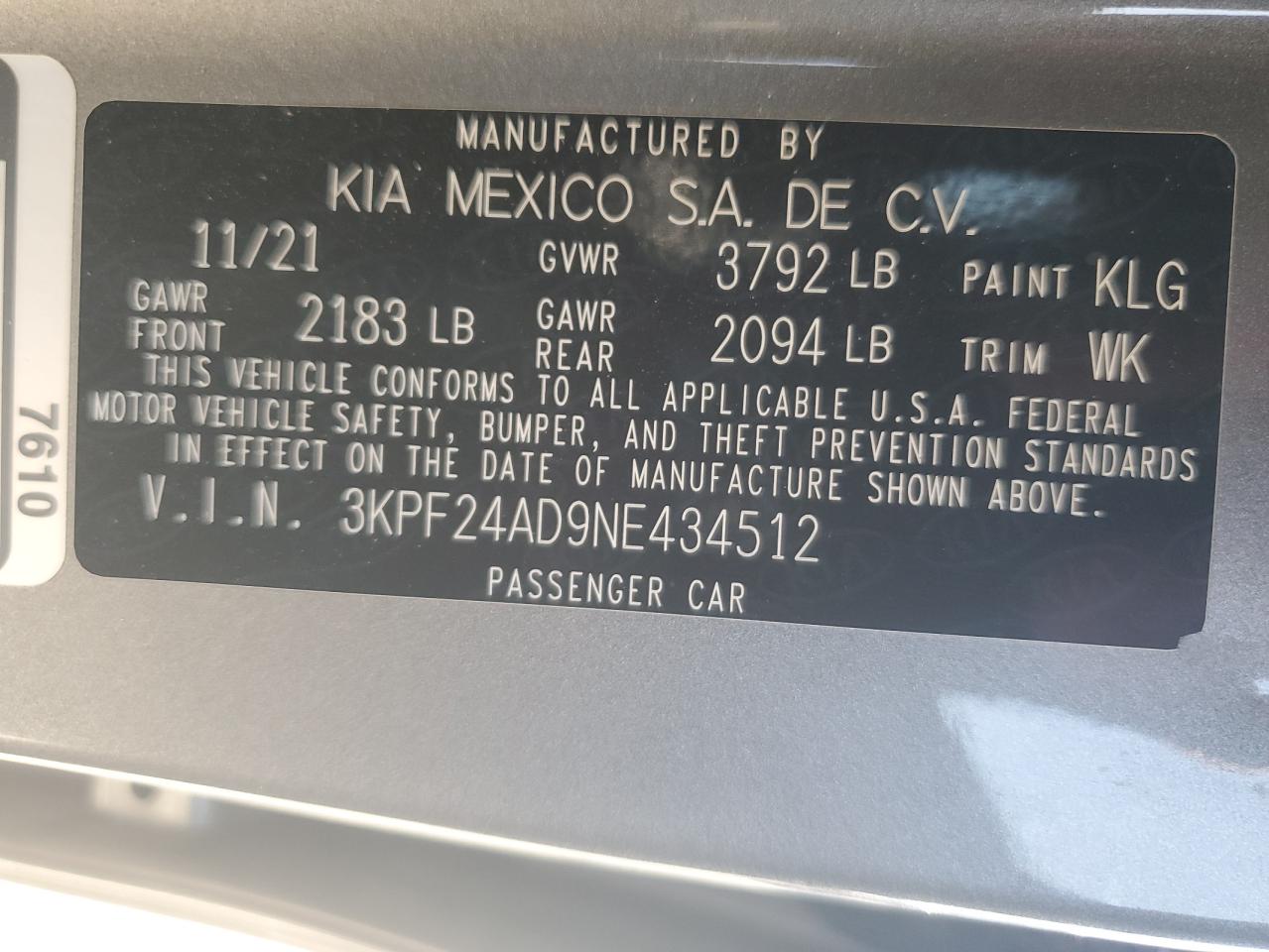 2022 KIA FORTE FE VIN:3KPF24AD9NE434512