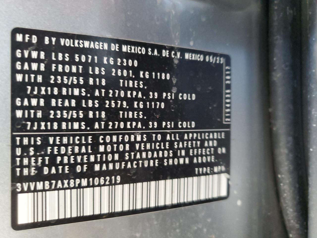 2023 VOLKSWAGEN TIGUAN SE VIN:3VVMB7AX8PM106219