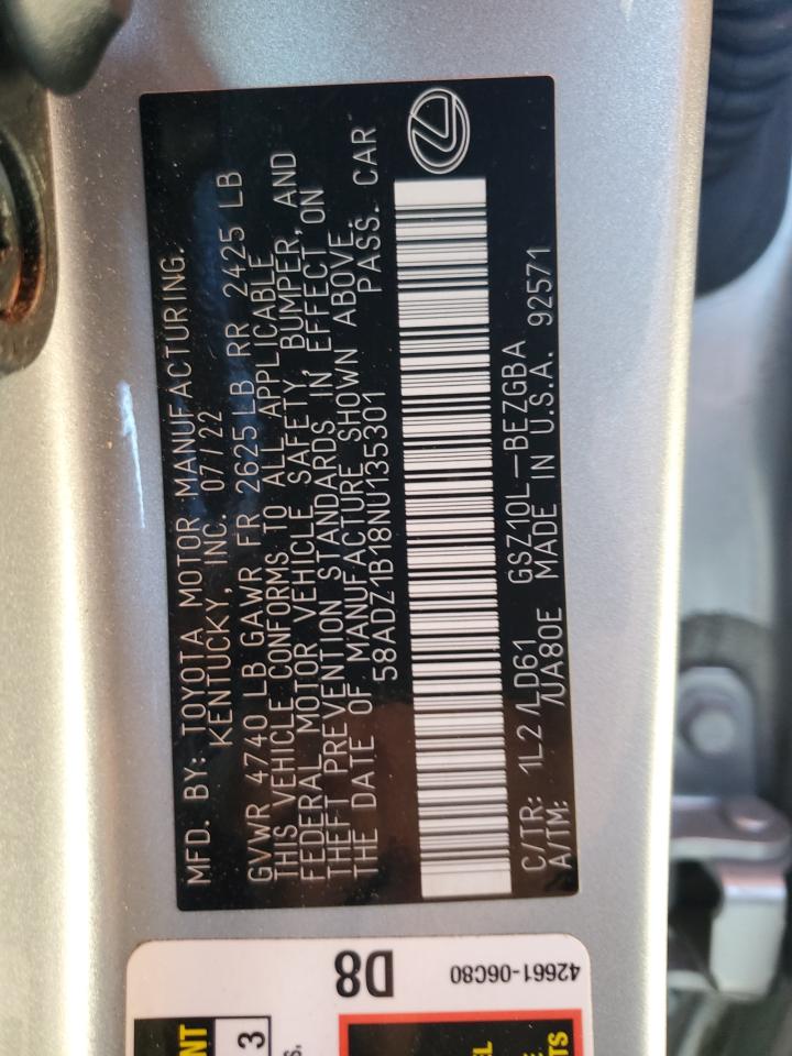 2022 LEXUS ES 350 BASE VIN:58ADZ1B18NU135301