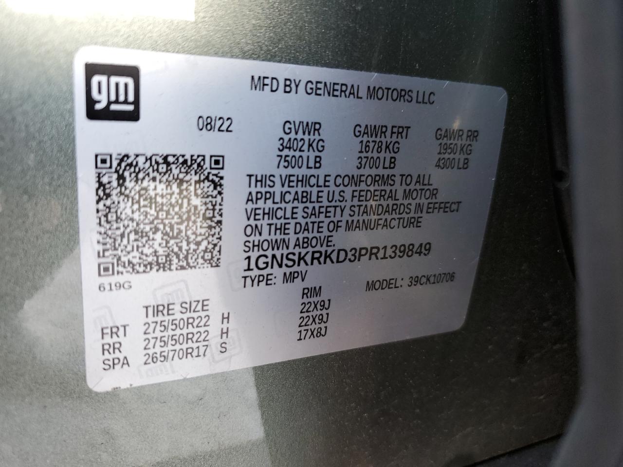 2023 CHEVROLET TAHOE K1500 RST VIN:1GNSKRKD3PR139849