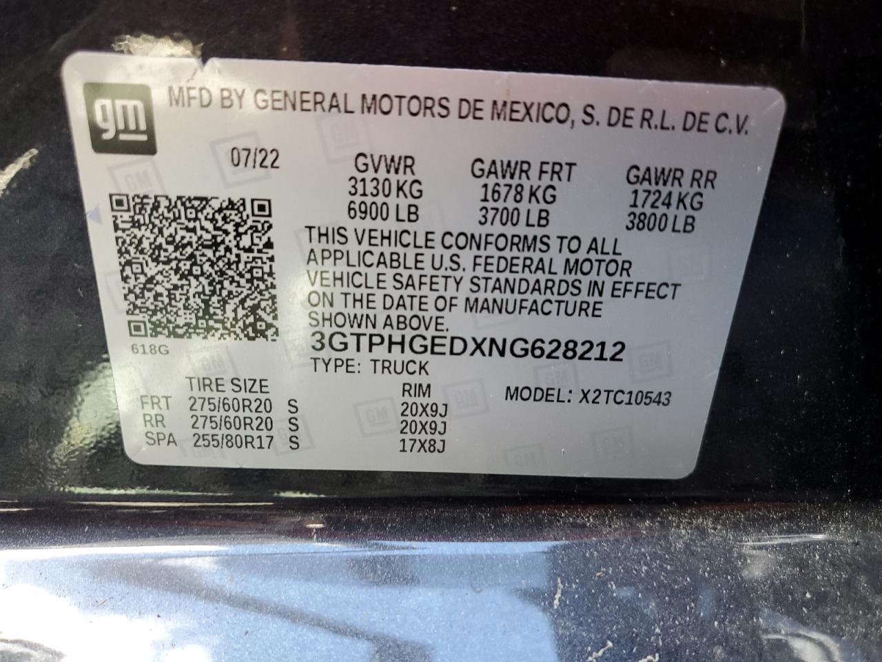 2022 GMC SIERRA C1500 DENALI VIN:3GTPHGEDXNG628212