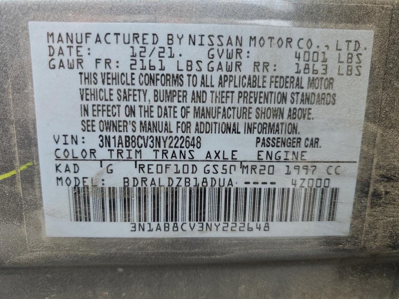 2022 NISSAN SENTRA SV VIN:3N1AB8CV3NY222648