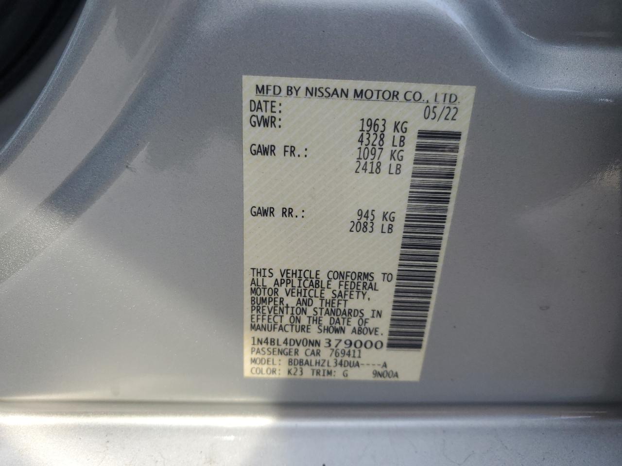 2022 NISSAN ALTIMA SV VIN:1N4BL4DV0NN379000