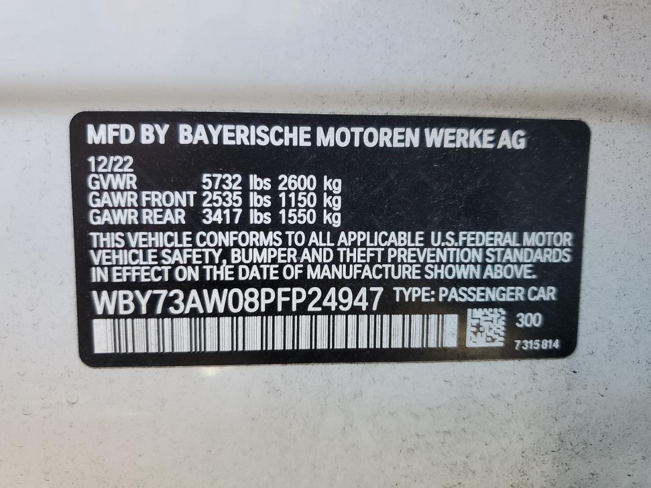 2023 BMW I4 EDRIVE 40 VIN:WBY73AW08PFP24947