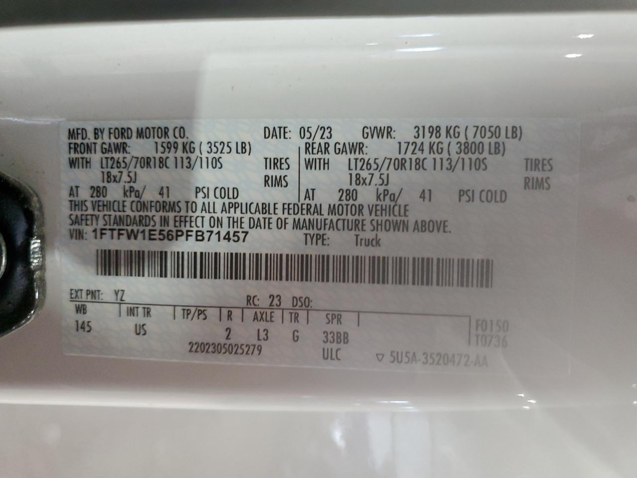 2023 FORD F150 SUPERCREW VIN:1FTFW1E56PFB71457