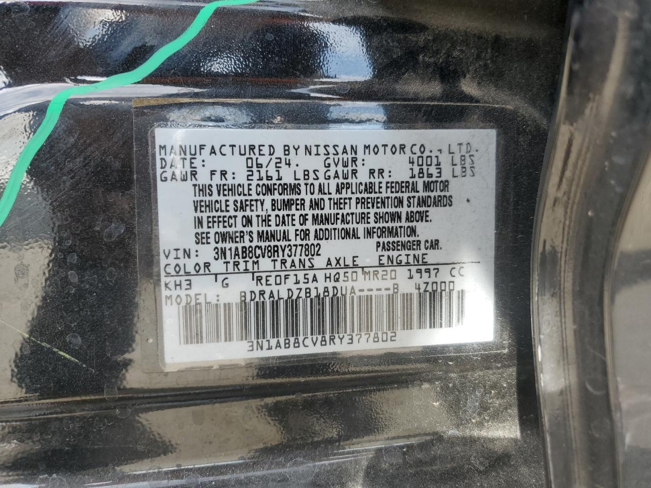 2024 NISSAN SENTRA SV VIN:3N1AB8CV8RY377802