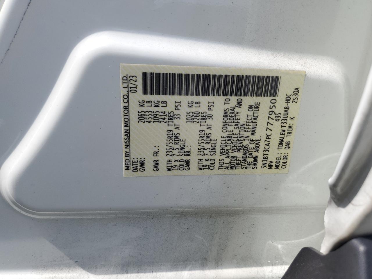 2023 NISSAN ROGUE SL VIN:5N1BT3CA7PC777950