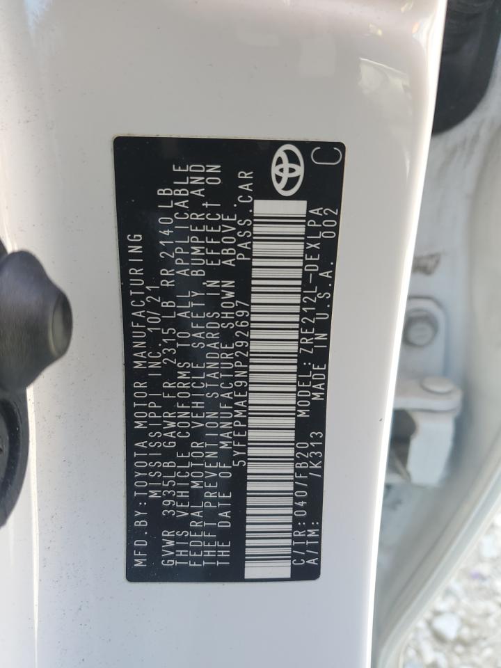 2022 TOYOTA COROLLA LE VIN:5YFEPMAE9NP292697