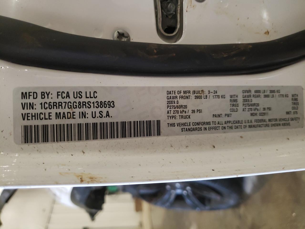 2024 RAM 1500 CLASSIC SLT VIN:1C6RR7GG8RS138693