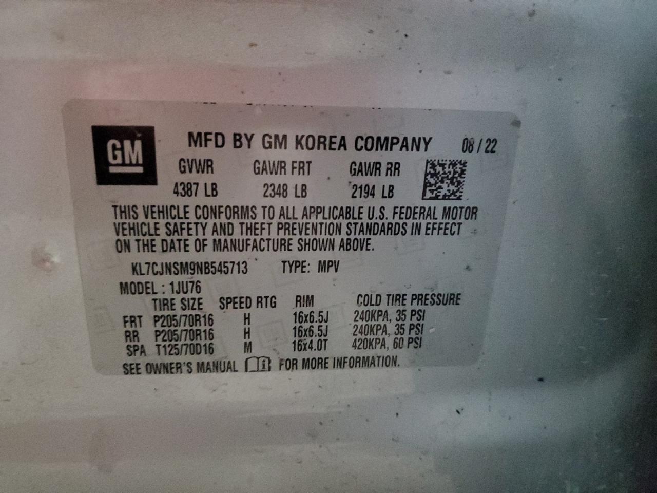 2022 CHEVROLET TRAX LS VIN:KL7CJNSM9NB545713