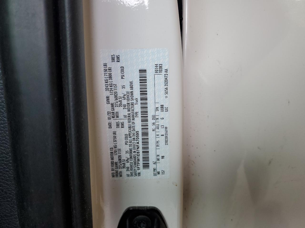 2022 FORD F150 SUPERCREW VIN:1FTFW1E87NFA70595