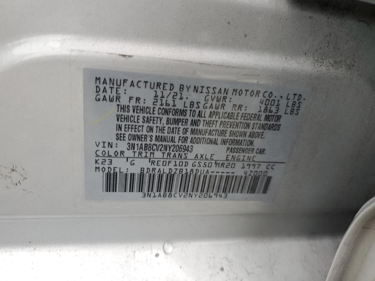 2022 NISSAN SENTRA SV VIN:3N1AB8CV2NY206943