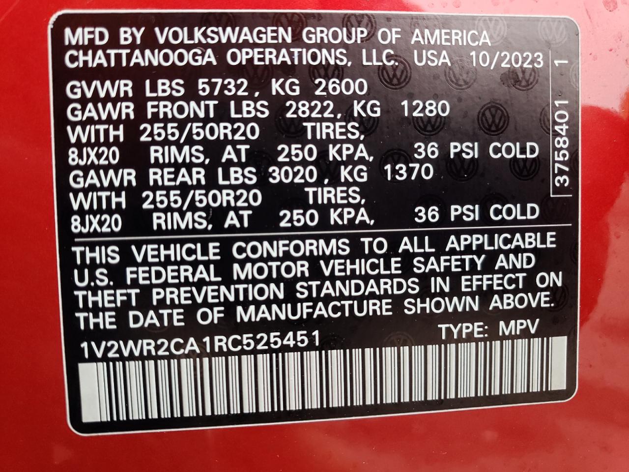 2024 VOLKSWAGEN ATLAS SE VIN:1V2WR2CA1RC525451