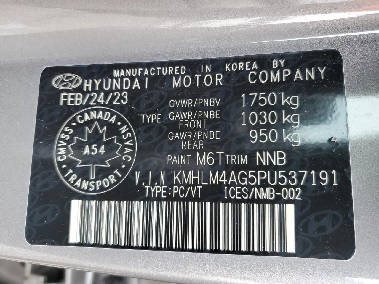 2023 HYUNDAI ELANTRA SEL VIN:KMHLM4AG5PU537191