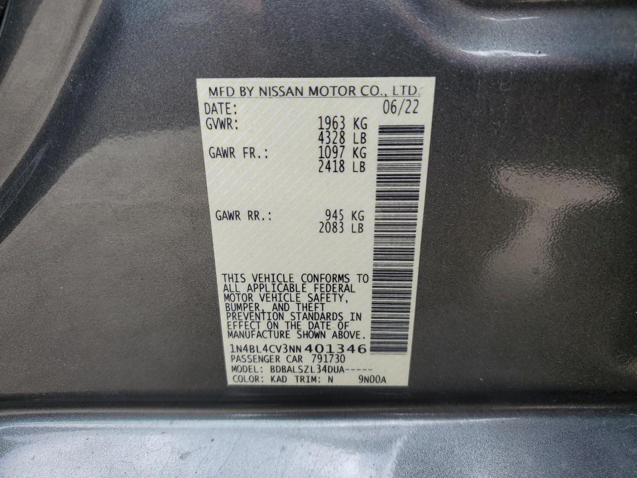 2022 NISSAN ALTIMA SR VIN:1N4BL4CV3NN401346