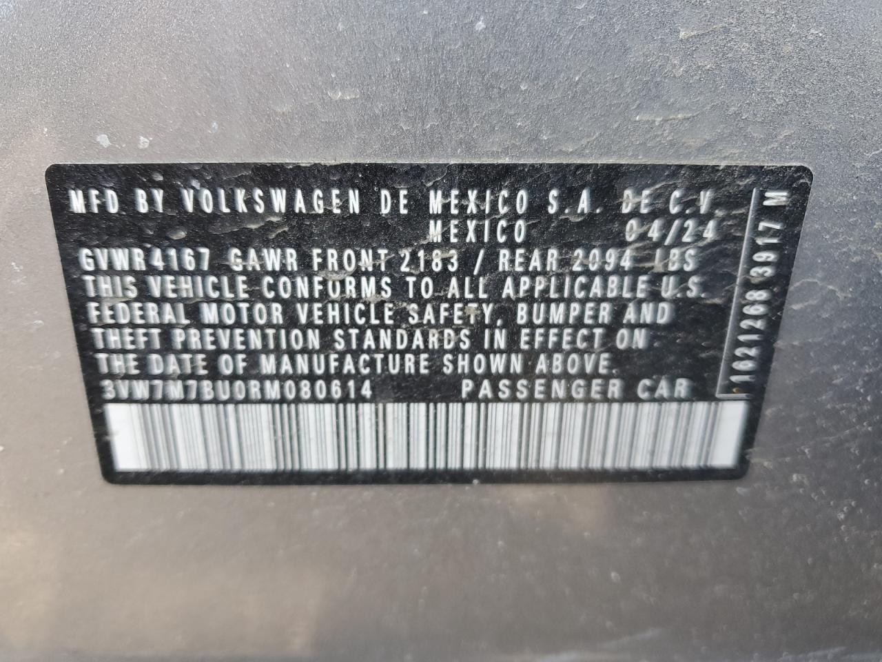 2024 VOLKSWAGEN JETTA SE VIN:3VW7M7BU0RM080614