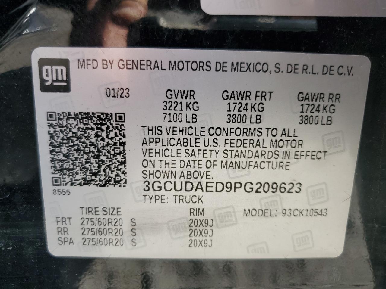 2023 CHEVROLET SILVERADO K1500 VIN:3GCUDAED9PG209623