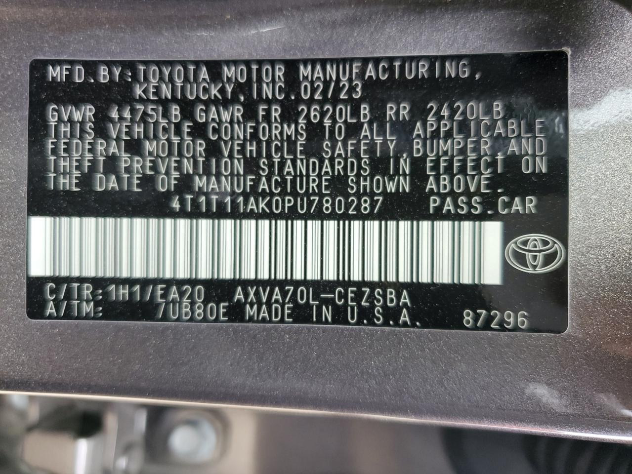 2023 TOYOTA CAMRY SE NIGHT SHADE VIN:4T1T11AK0PU780287