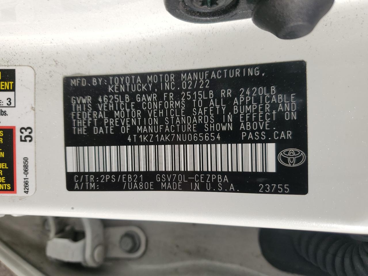 2022 TOYOTA CAMRY TRD VIN:4T1KZ1AK7NU065654