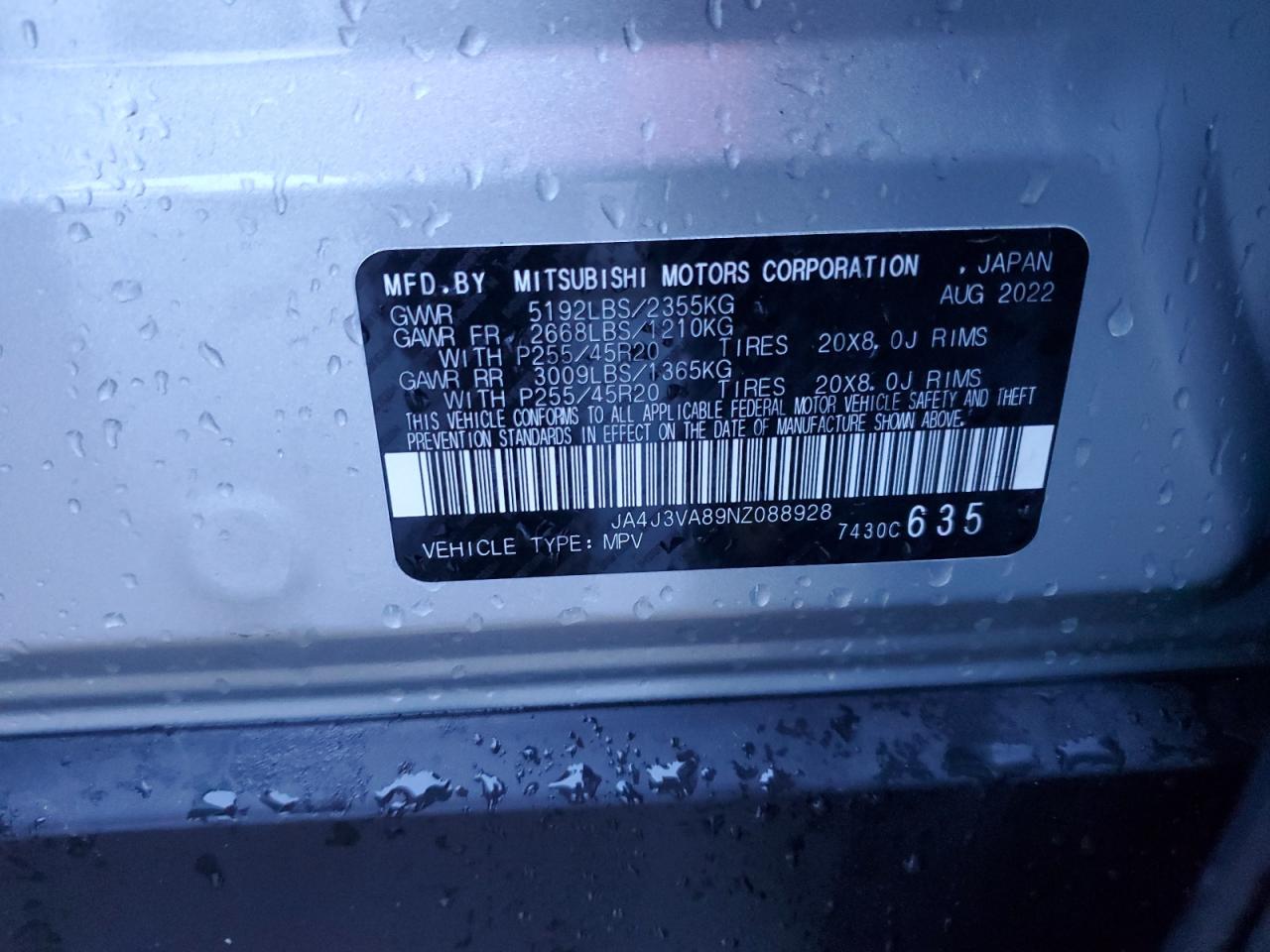 2022 MITSUBISHI OUTLANDER SEL VIN:JA4J3VA89NZ088928