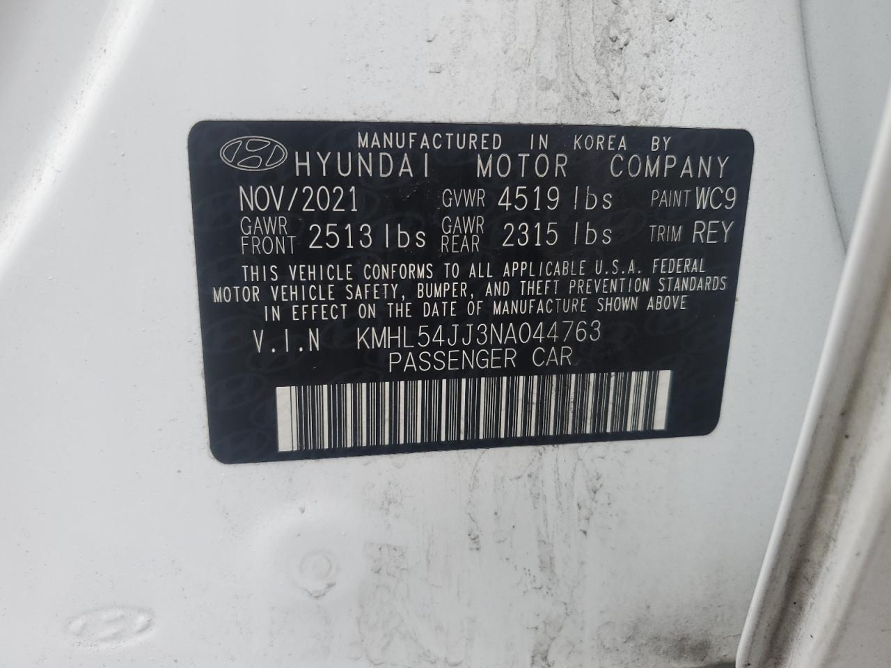 2022 HYUNDAI SONATA HYBRID VIN:KMHL54JJ3NA044763