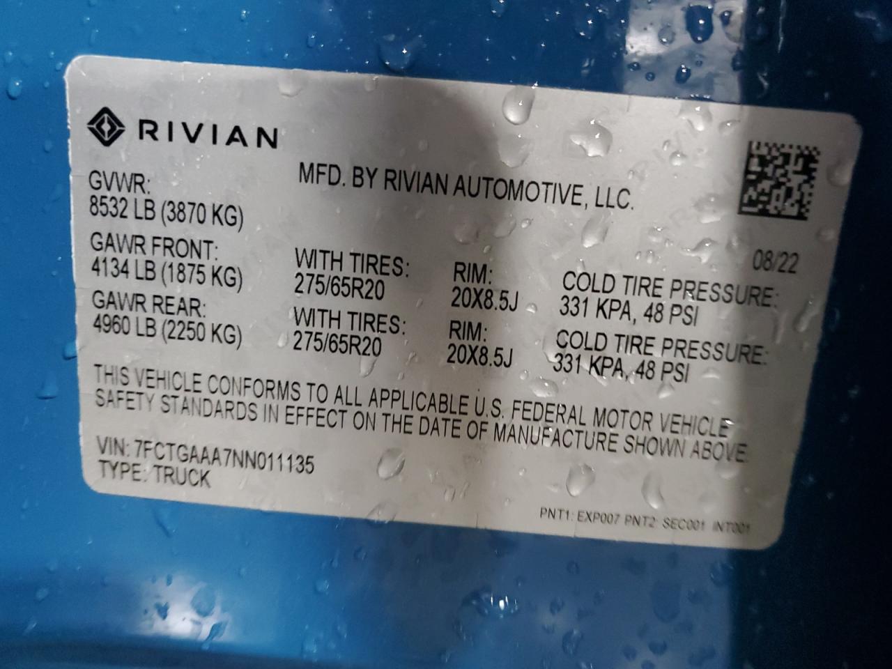 2022 RIVIAN R1T ADVENTURE VIN:7FCTGAAA7NN011135