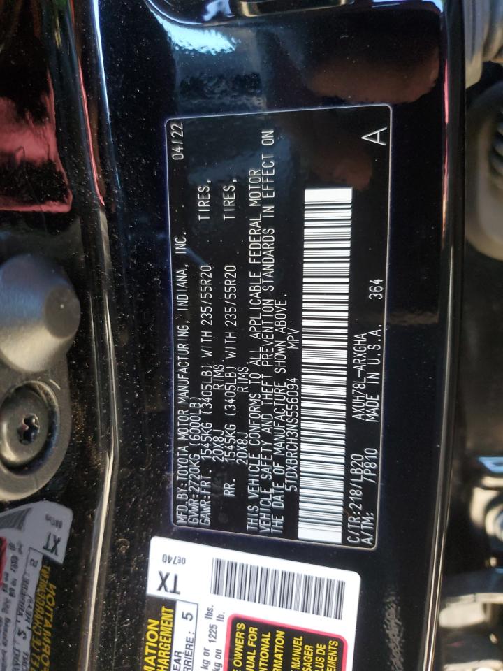 2022 TOYOTA HIGHLANDER HYBRID LIMITED VIN:5TDXBRCH3NS556094